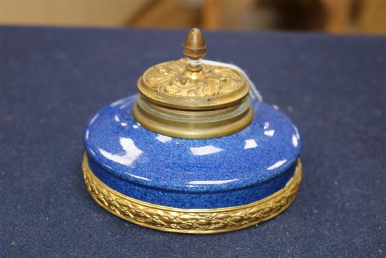 A Sevres Paul Milet period blue ground ormolu mounted ink well diameter 12cm